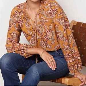 Evereve Women's Britta Marigold Blouse Border Floral Long Sleeve Boho Peasant